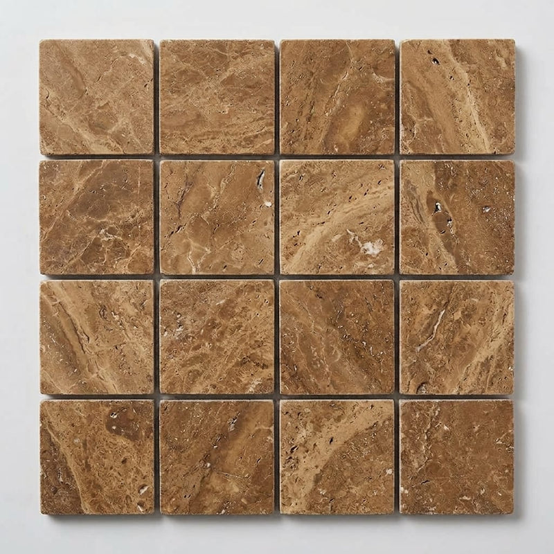 Noce (Antalya) Travertine 1x1 Filled & Honed Travertine Mosaic close-up