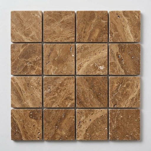 Noce (Antalya) Travertine 1x1 Filled & Honed Travertine Mosaic close-up