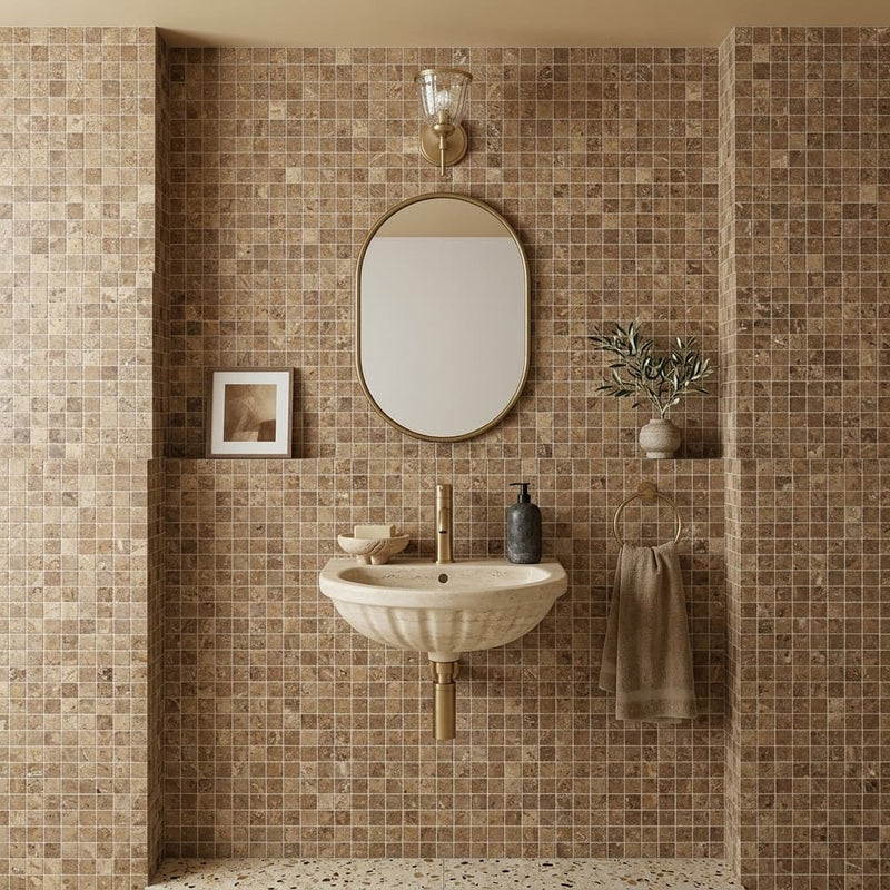 Noce (Antalya) Travertine 1x1 Filled & Honed Travertine Mosaic — Powder Room wall
