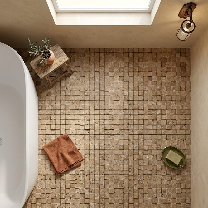 Noce (Antalya) Travertine 1x1 Split-faced (Hi-Low) Travertine Mosaic — Bathroom floor