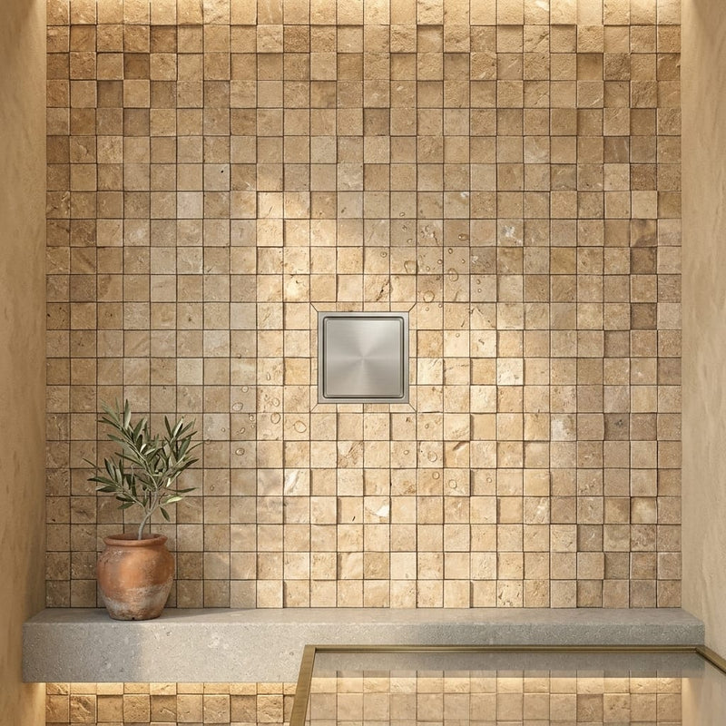 Noce (Antalya) Travertine 1x1 Split-faced (Hi-Low) Travertine Mosaic — Bathroom shower floor