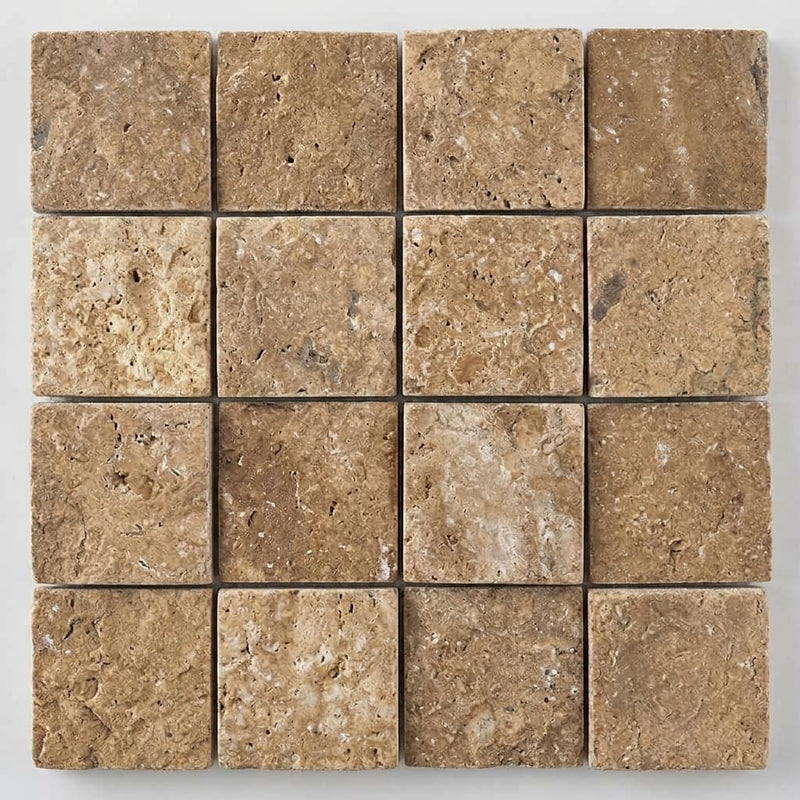 Noce (Antalya) Travertine 1x1 Split-faced (Hi-Low) Travertine Mosaic close-up