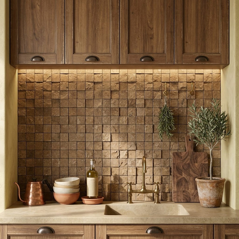 Noce (Antalya) Travertine 1x1 Split-faced (Hi-Low) Travertine Mosaic — Kitchen backsplash
