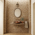 Noce (Antalya) Travertine 1x1 Split-faced (Hi-Low) Travertine Mosaic — Powder Room wall