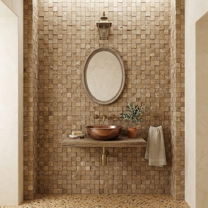 Noce (Antalya) Travertine 1x1 Split-faced (Hi-Low) Travertine Mosaic — Powder Room wall