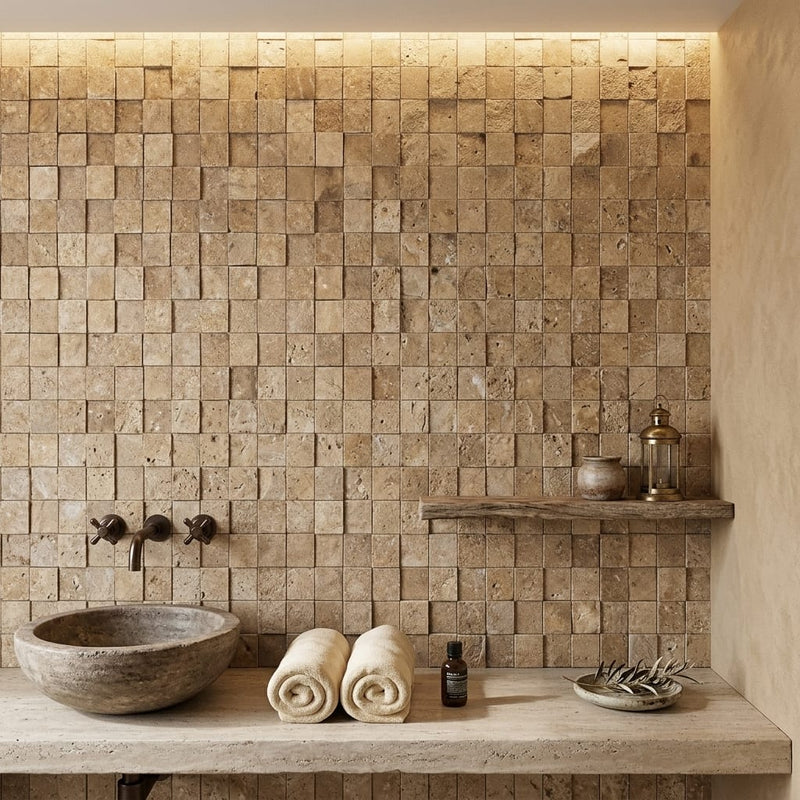 Noce (Antalya) Travertine 1x1 Split-faced (Hi-Low) Travertine Mosaic — Spa spa interior