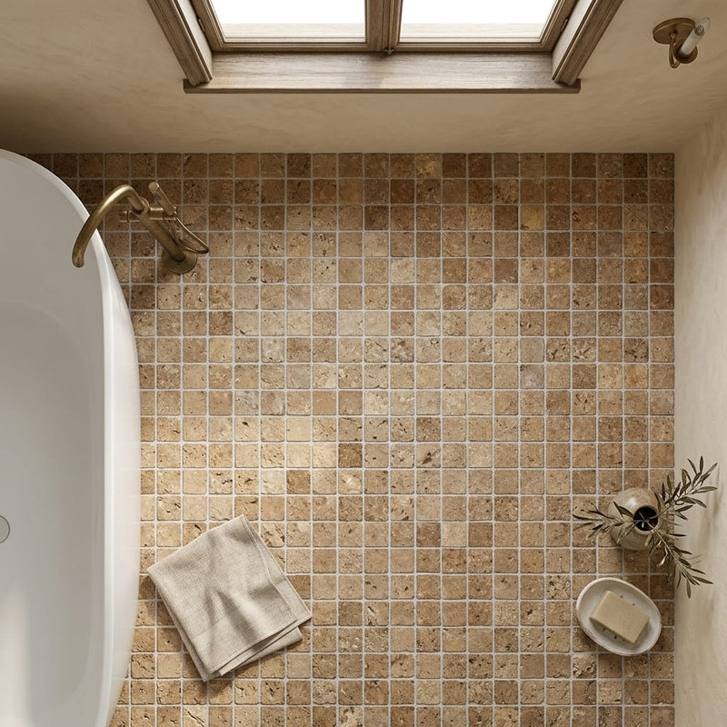 Noce (Antalya) Travertine 1x1 Split-faced Travertine Mosaic — Bathroom floor