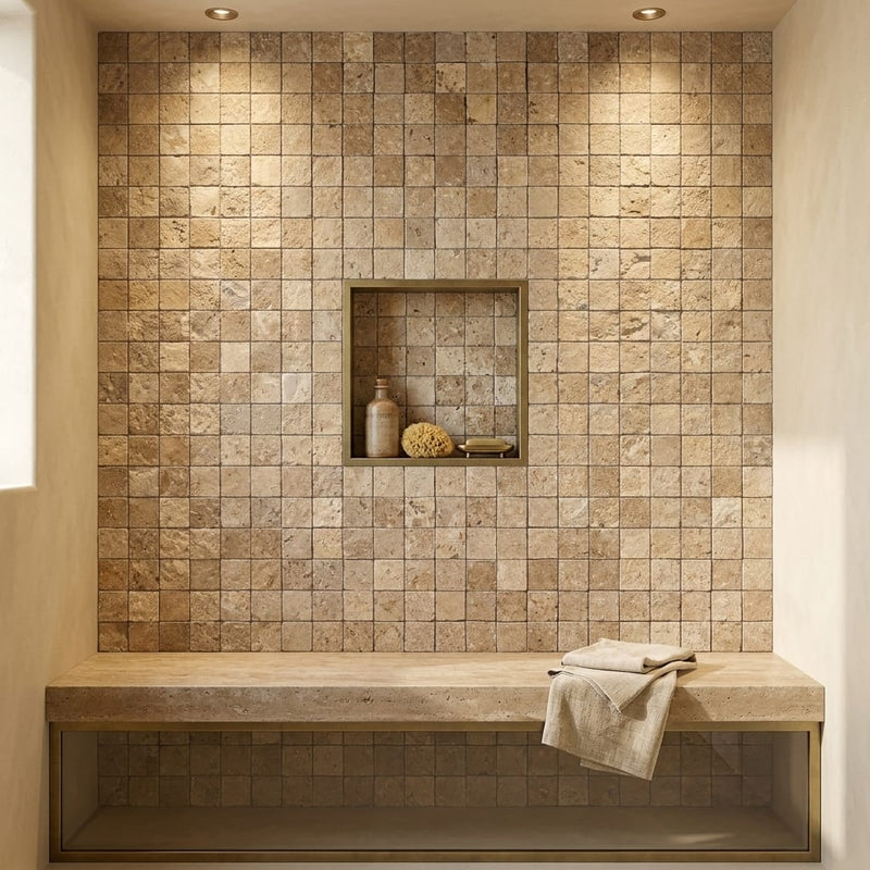 Noce (Antalya) Travertine 1x1 Split-faced Travertine Mosaic — Bathroom shower floor