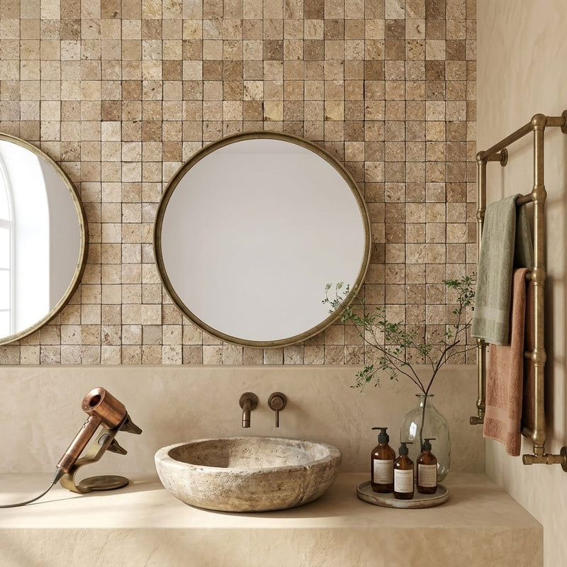 Noce (Antalya) Travertine 1x1 Split-faced Travertine Mosaic — Bathroom shower wall