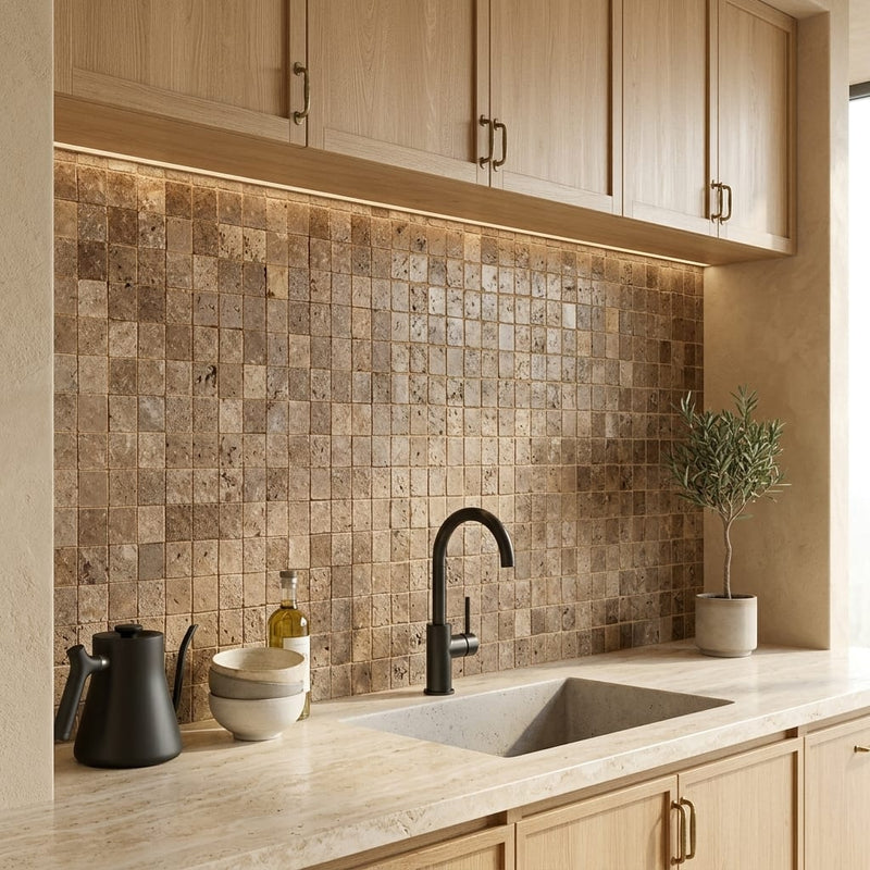 Noce (Antalya) Travertine 1x1 Split-faced Travertine Mosaic — Kitchen backsplash