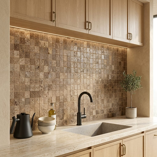 Noce (Antalya) Travertine 1x1 Split-faced Travertine Mosaic — Kitchen backsplash