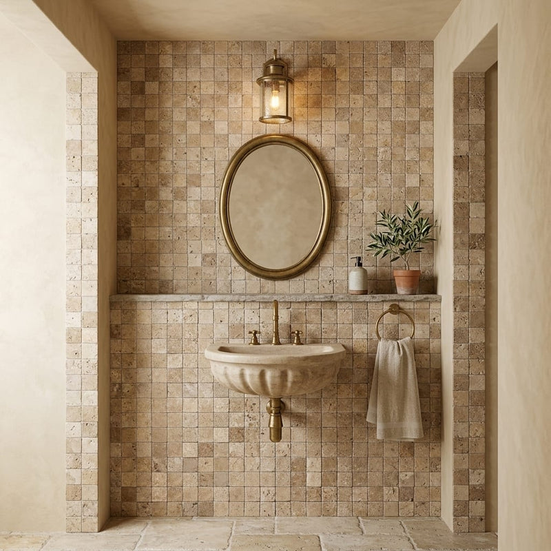 Noce (Antalya) Travertine 1x1 Split-faced Travertine Mosaic — Powder Room wall