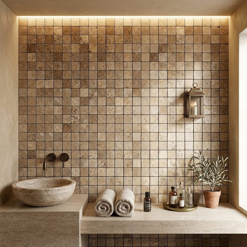 Noce (Antalya) Travertine 1x1 Split-faced Travertine Mosaic — Spa spa interior