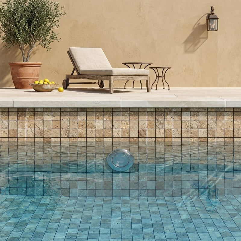 Noce (Antalya) Travertine 1x1 Split-faced Travertine Mosaic — Swimming Pool pool interior tiling