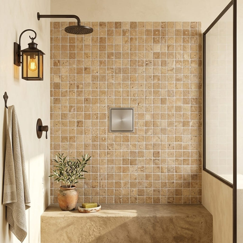 Noce (Antalya) Travertine 1x1 Tumbled Travertine Mosaic — Bathroom shower floor