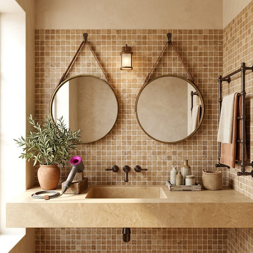 Noce (Antalya) Travertine 1x1 Tumbled Travertine Mosaic — Bathroom shower wall