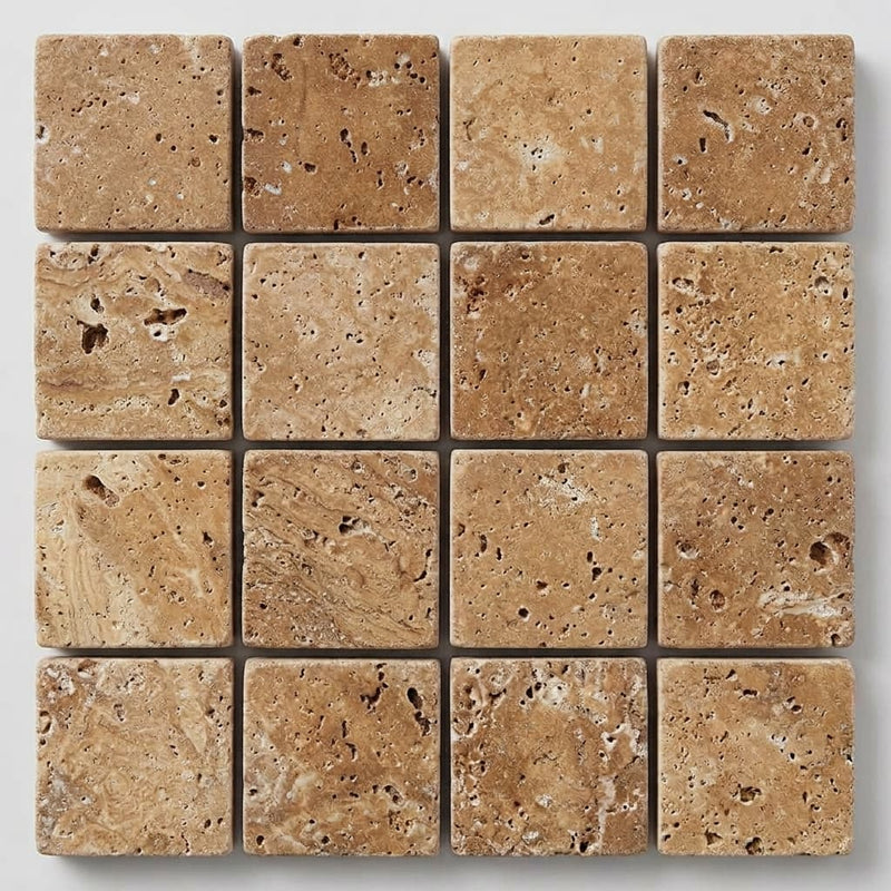 Noce (Antalya) Travertine 1x1 Tumbled Travertine Mosaic close-up