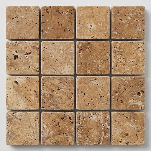 Noce (Antalya) Travertine 1x1 Tumbled Travertine Mosaic close-up