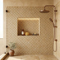 Noce (Antalya) Travertine 1x2 Tumbled Travertine Diamond / Rhomboid Mosaic — Bathroom shower wall