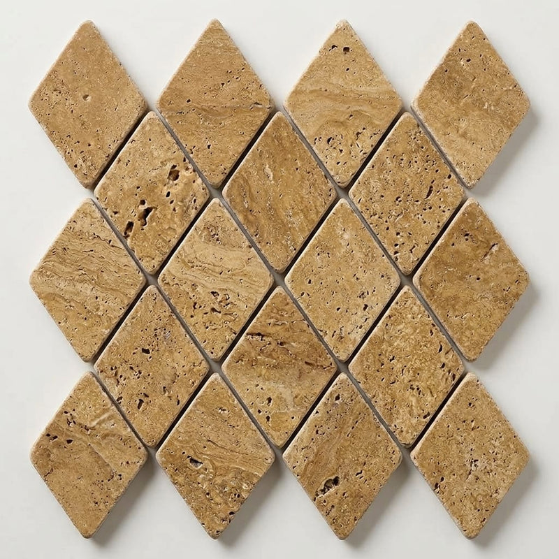 Noce (Antalya) Travertine 1x2 Tumbled Travertine Diamond / Rhomboid Mosaic close-up