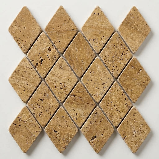 Noce (Antalya) Travertine 1x2 Tumbled Travertine Diamond / Rhomboid Mosaic close-up