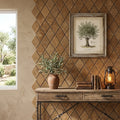 Noce (Antalya) Travertine 1x2 Tumbled Travertine Diamond / Rhomboid Mosaic — Living Room accent wall