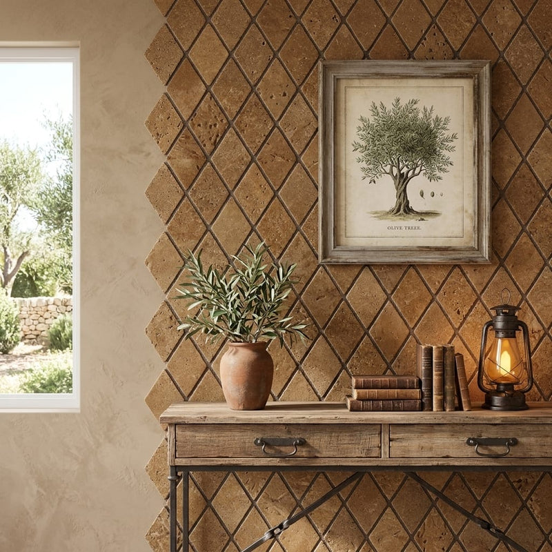 Noce (Antalya) Travertine 1x2 Tumbled Travertine Diamond / Rhomboid Mosaic — Living Room accent wall
