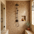 Noce (Antalya) Travertine 1x2 Tumbled Travertine Herringbone Mosaic — Bathroom shower wall