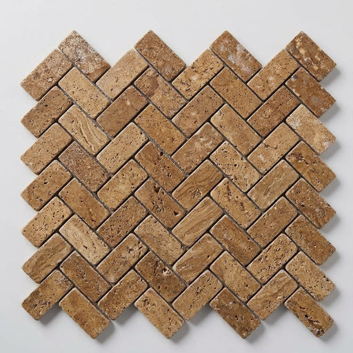 Noce (Antalya) Travertine 1x2 Tumbled Travertine Herringbone Mosaic close-up