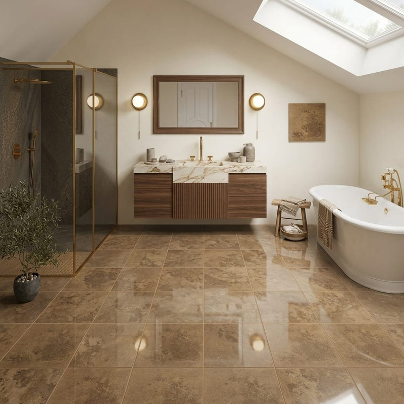 Noce (Antalya) Travertine 12x12 Filled & Polished Travertine Tile — Bathroom floor