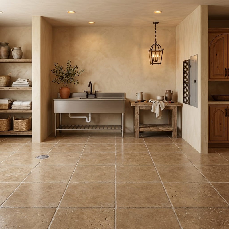 Noce (Antalya) Travertine 12x12 Tumbled Travertine Tile — Basement floor