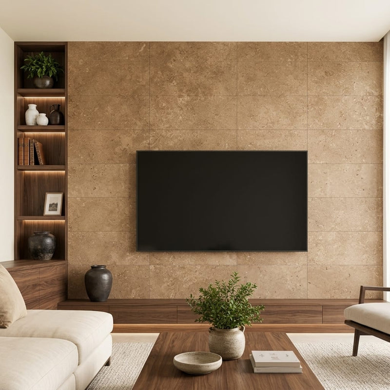 Noce (Antalya) Travertine 12x24 Filled & Honed Travertine Tile — Living Room feature wall