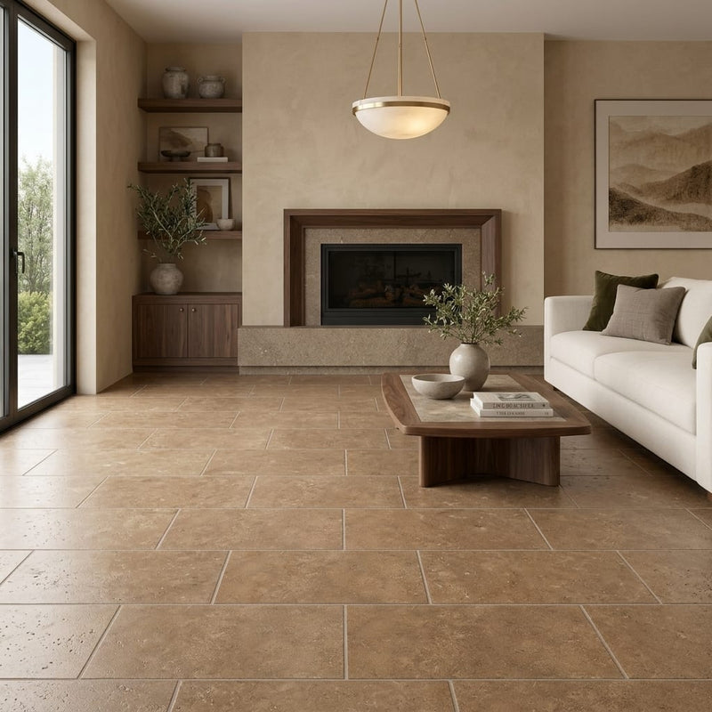 Noce (Antalya) Travertine 12x24 Filled & Honed Travertine Tile — Living Room floor