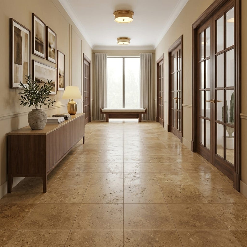 Noce (Antalya) Travertine 18x18 Filled & Honed Travertine Tile — Hallway floor
