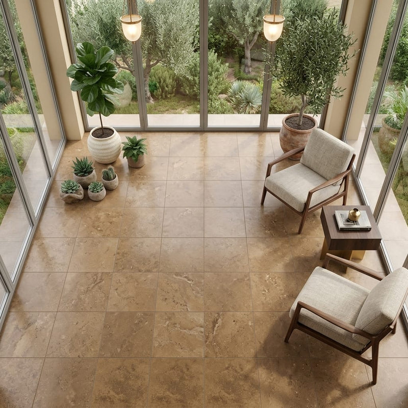 Noce (Antalya) Travertine 18x18 Filled & Honed Travertine Tile — Sunroom floor