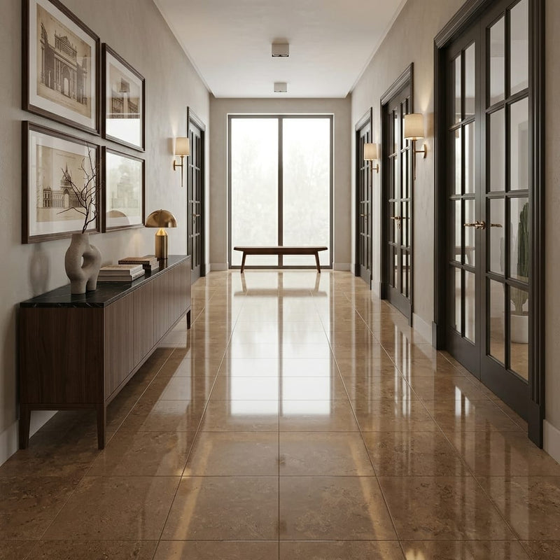 Noce (Antalya) Travertine 18x18 Filled & Polished Travertine Tile — Hallway floor