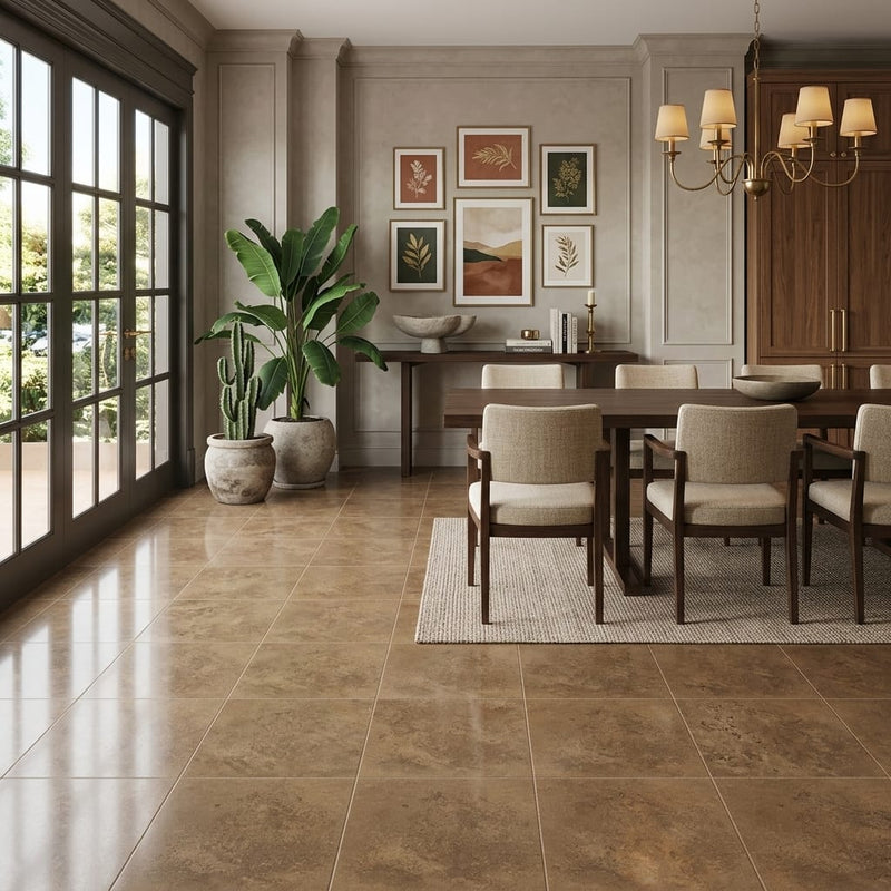 Noce (Antalya) Travertine 18x18 Filled & Polished Travertine Tile — Living Room floor