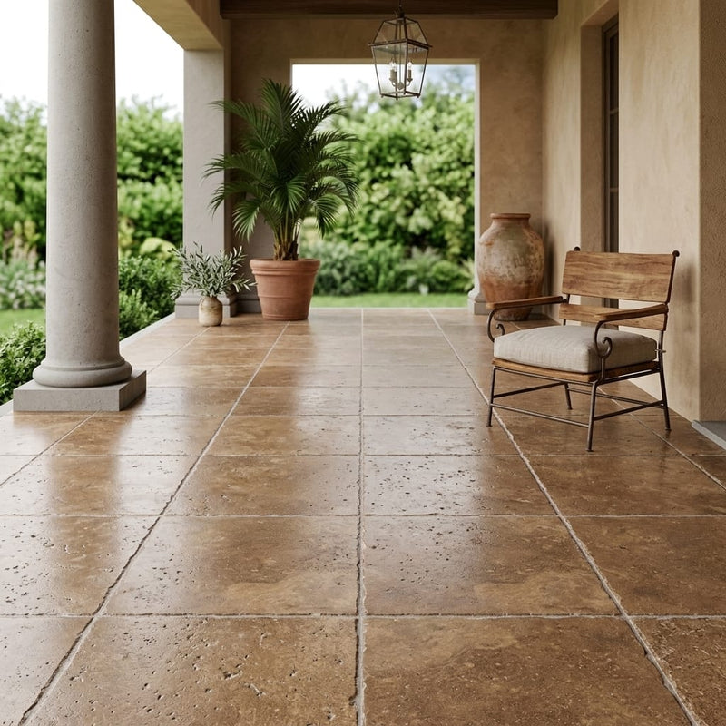 Noce (Antalya) Travertine 18x18 Unfilled, Brushed & Chiseled Travertine Tile — Covered Patio floor