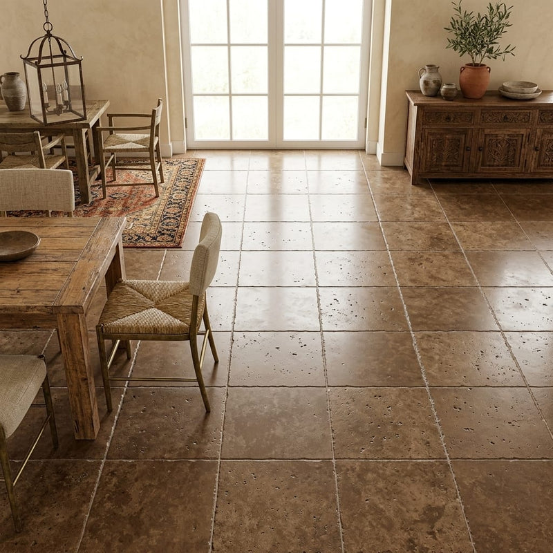 Noce (Antalya) Travertine 18x18 Unfilled, Brushed & Chiseled Travertine Tile — Dining Room floor