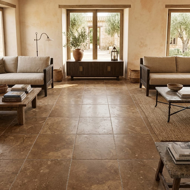 Noce (Antalya) Travertine 18x18 Unfilled, Brushed & Chiseled Travertine Tile — Family Room floor
