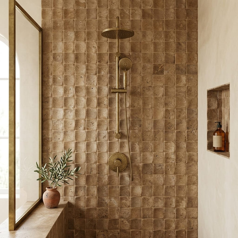 Noce (Antalya) Travertine 2x2 CNC-Arched (Round-face / Wavy) Travertine Mosaic — Bathroom shower wall