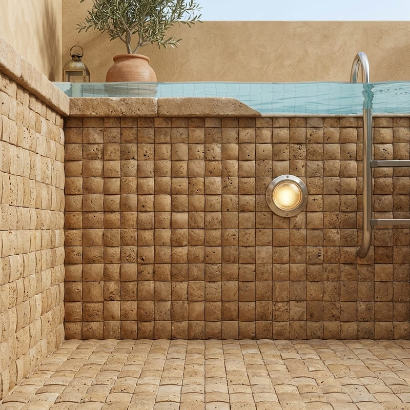 Noce (Antalya) Travertine 2x2 CNC-Arched (Round-face / Wavy) Travertine Mosaic — Swimming Pool pool interior tiling