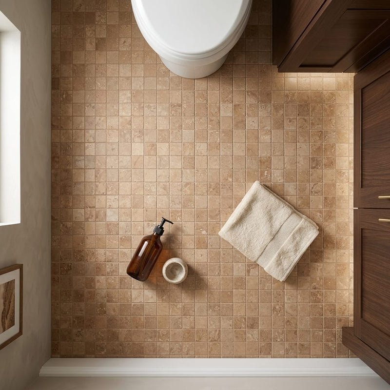 Noce (Antalya) Travertine 2x2 Filled & Honed Travertine Mosaic — Bathroom floor