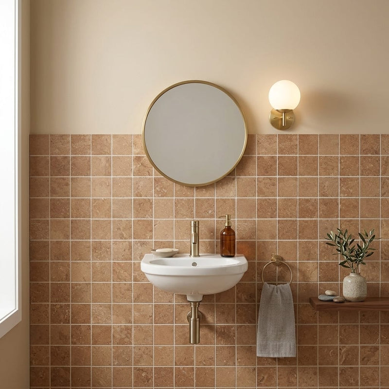 Noce (Antalya) Travertine 2x2 Filled & Honed Travertine Mosaic — Powder Room wall