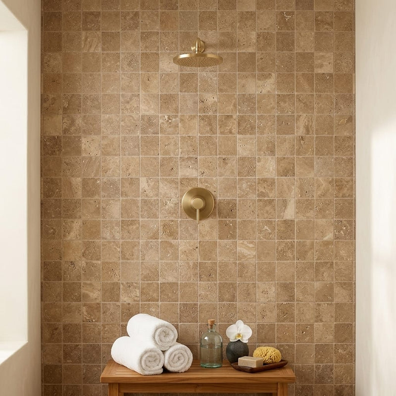 Noce (Antalya) Travertine 2x2 Filled & Honed Travertine Mosaic — Spa spa interior