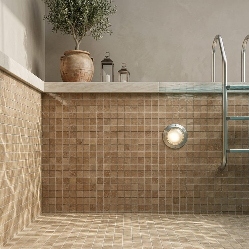 Noce (Antalya) Travertine 2x2 Filled & Honed Travertine Mosaic — Swimming Pool pool interior tiling