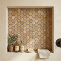 Noce (Antalya) Travertine 2x2 Tumbled Travertine Hexagon Mosaic — Bathroom niche