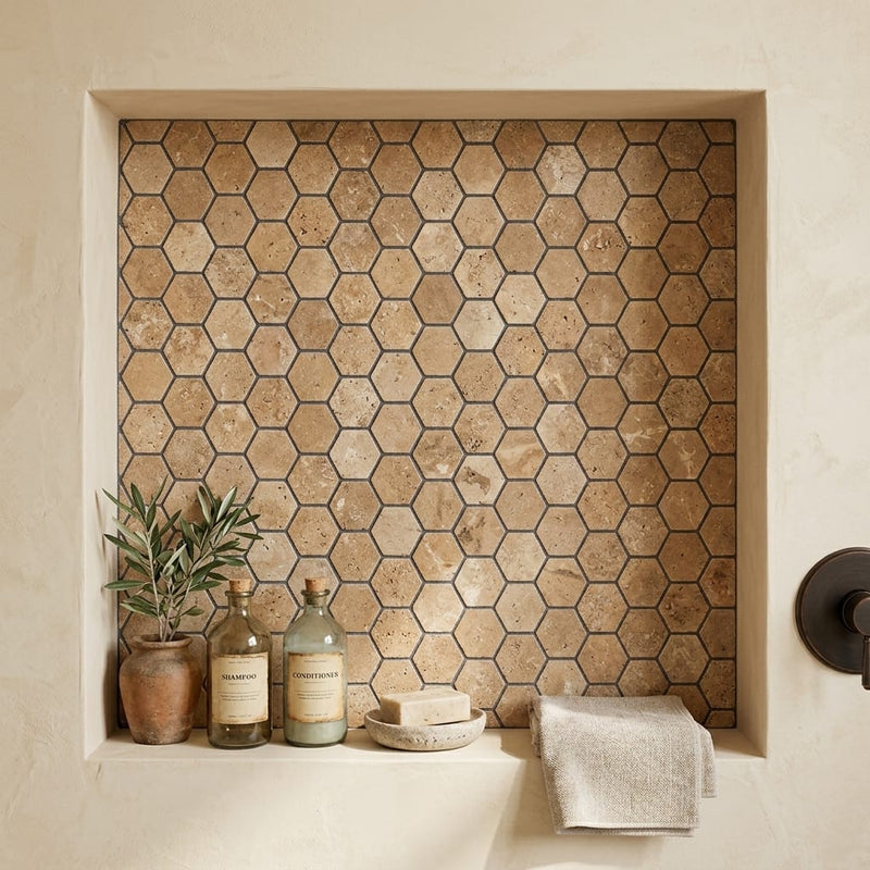 Noce (Antalya) Travertine 2x2 Tumbled Travertine Hexagon Mosaic — Bathroom niche