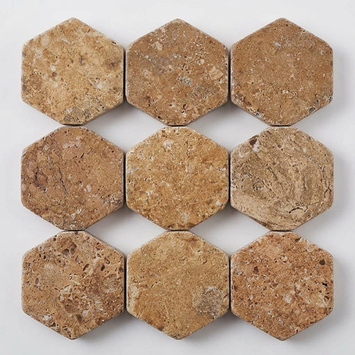 Noce (Antalya) Travertine 2x2 Tumbled Travertine Hexagon Mosaic close-up