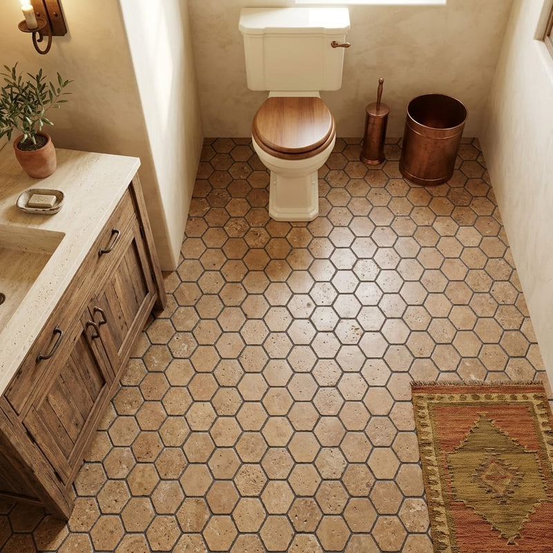 Noce (Antalya) Travertine 2x2 Tumbled Travertine Hexagon Mosaic — Powder Room floor
